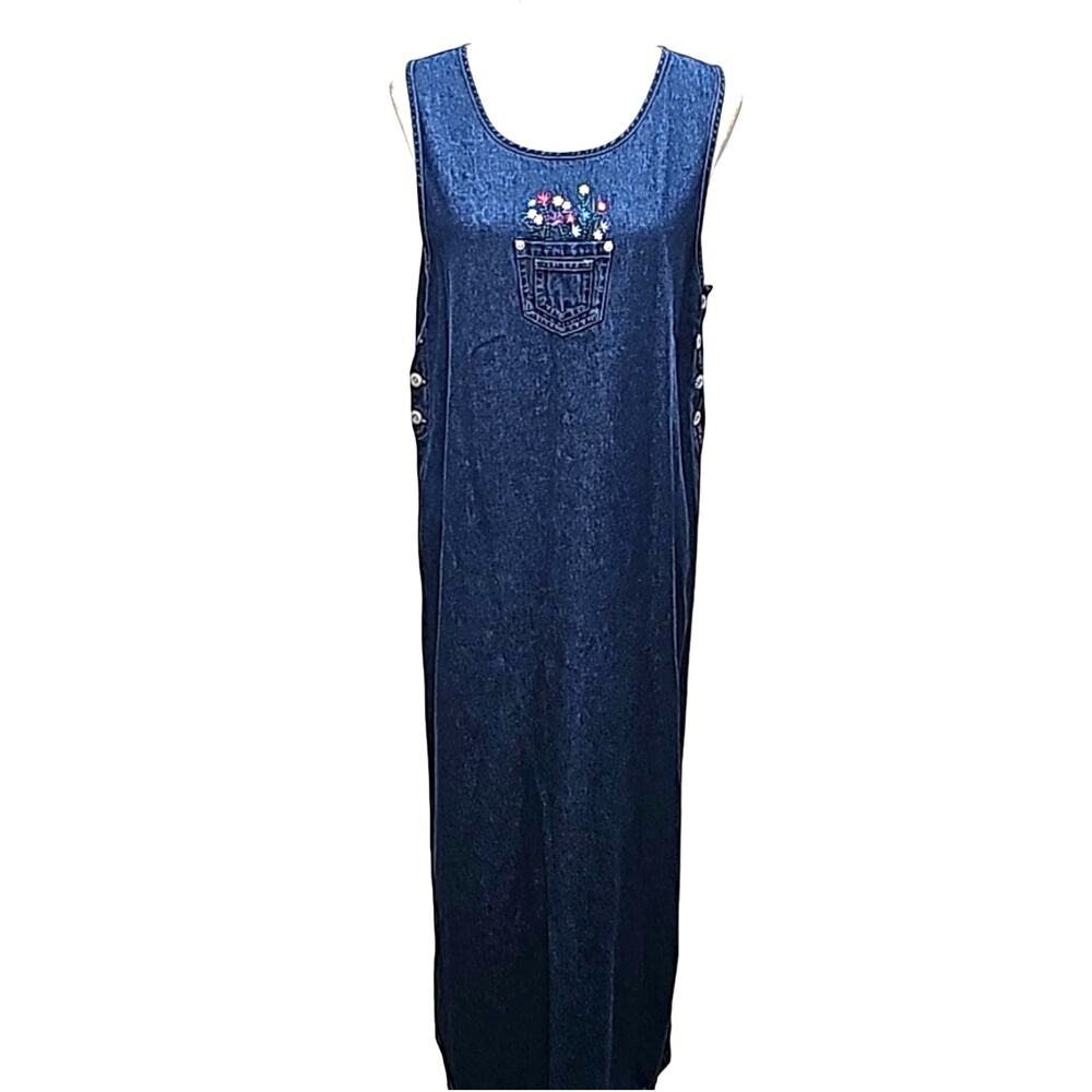 True Blue Vintage Women Denim Maxi Dress Floral Embroidery Sleeveless Size M